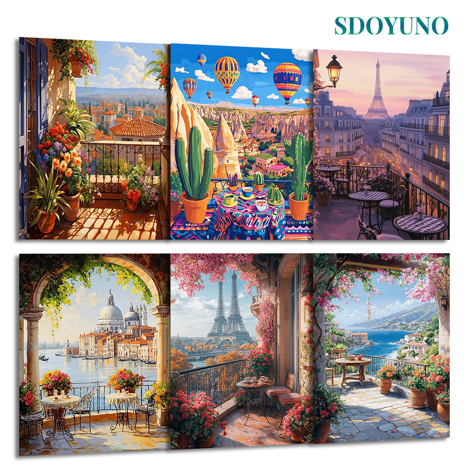 

SDOYUNO Painting By Numbers Oil Balcony Garden Scenery Decorative Paintings Watercolor Digital Coloring By Numbers For Handiwork