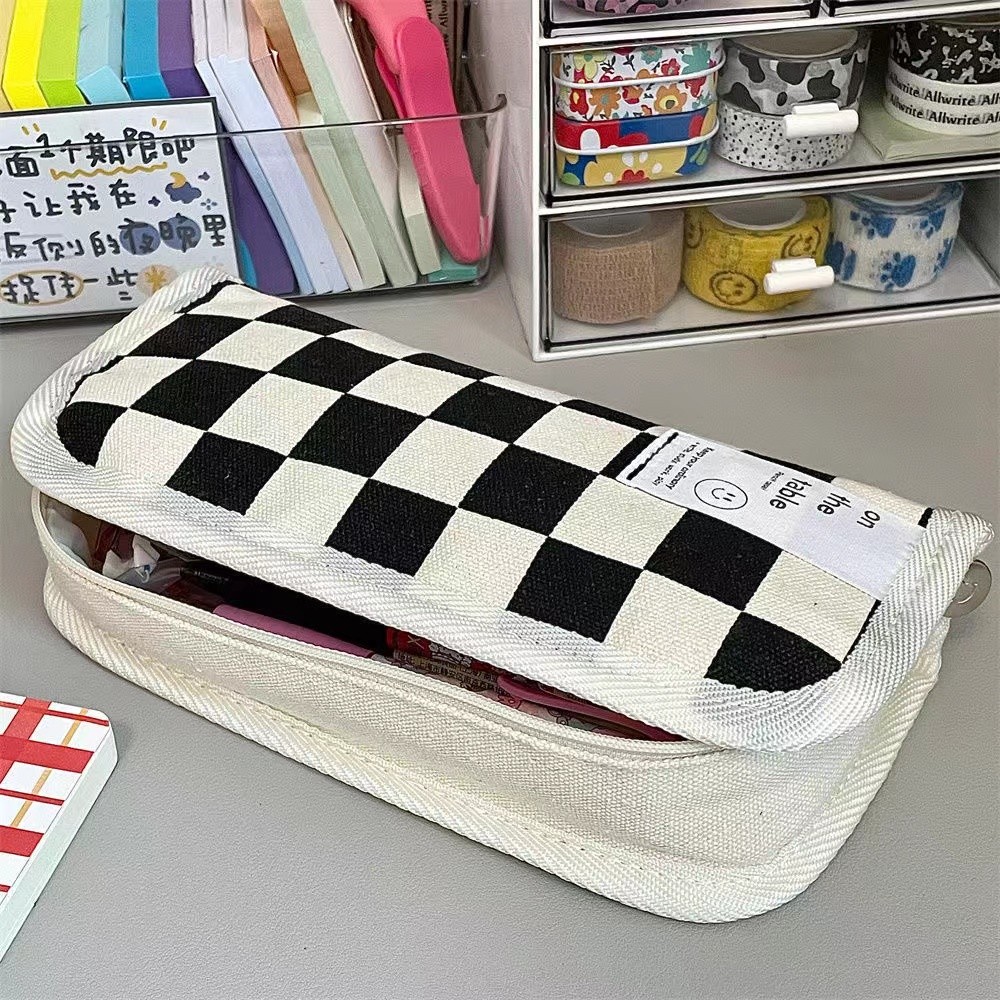 

Checkerboard Large Capacity Pen Bag Big Kawaii Pencil Case Korean Stationery Cute Pencil Pouch School Supplies for Students