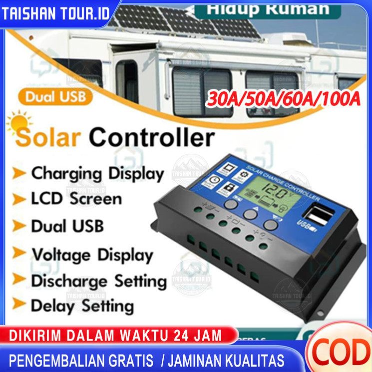 Solar Charge Controller LCD LED Display Solar Cell PWM 12V 24V 10A 20A 30A 50A 60A USB Panel Tenaga 