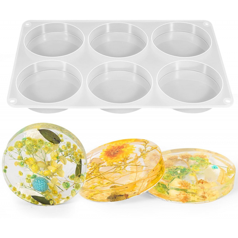 

6 cavities deep round coaster mold, thickened resin casting coaster mold for epoxy resin, for preserving flower bouquets, DIY