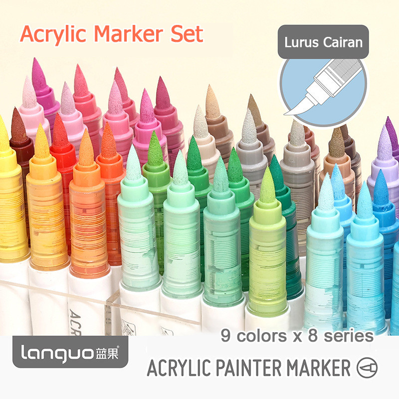 

Warni Lurus Cairan Akrilik Marker Set Acrylic Brush Pen Penanda Kepala Lembut Lukisan Penanda Pena Tahan Air 9 Colors X 8 Series