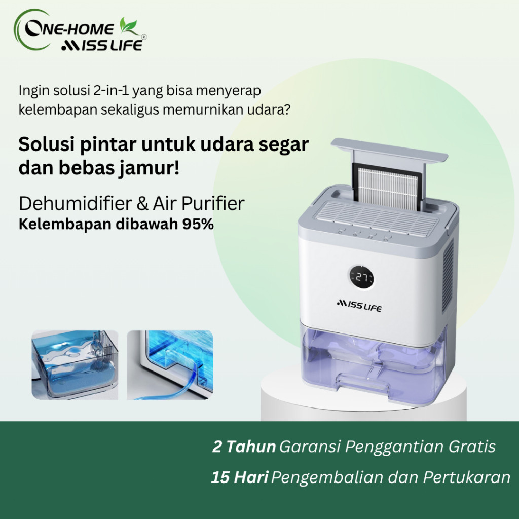 NEW PRODUK Miss Life 2-in-1 Air Purifier & Dehumidifier Tangki Air Besar 2 Liter, Ultra Silent 20dB,