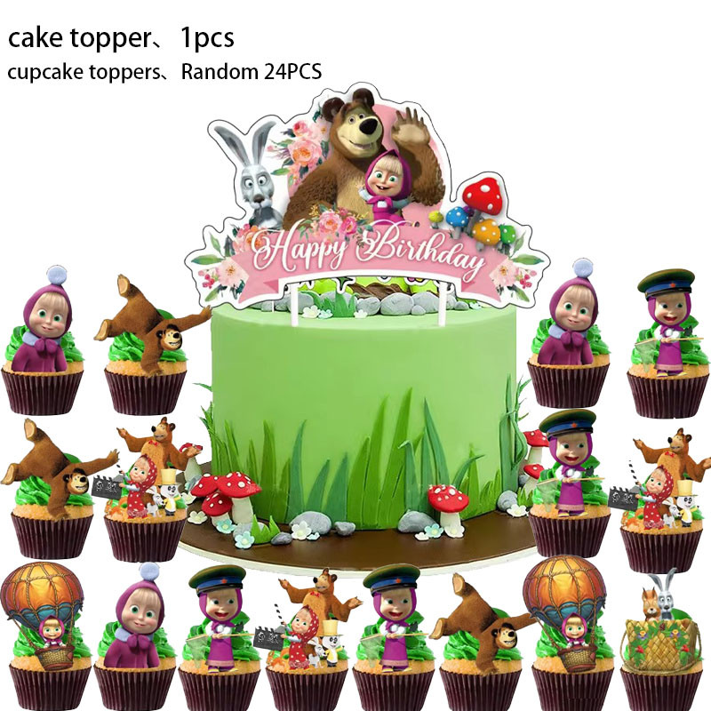 

New Masha and The Bear Birthday Party Is Decorated with 24 Small Cake Inserts and 1 Large Cake Insert Masha Y Oso Decor