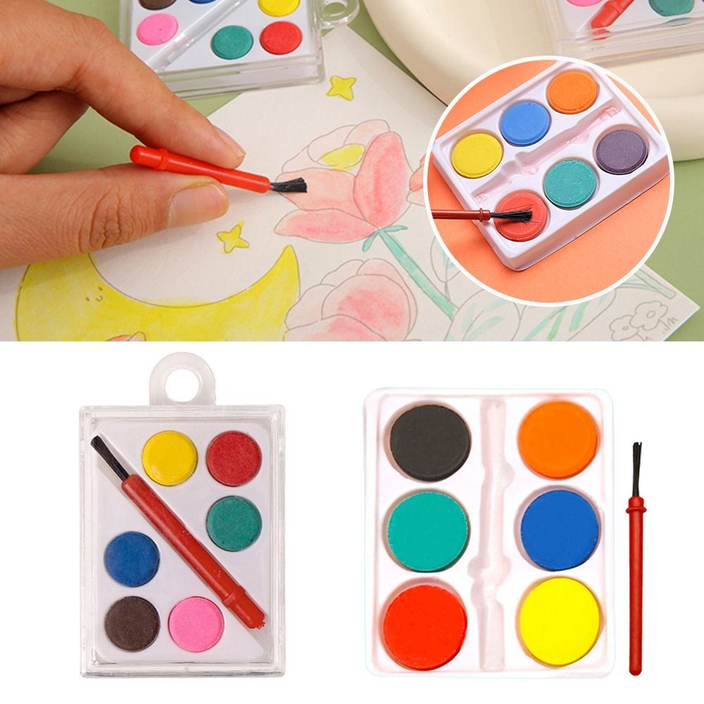 

Portable with Painting Brush Watercolor Paint Set Solid Washable Watercolor Pigment 6 Colors Painting Pigment Set Children