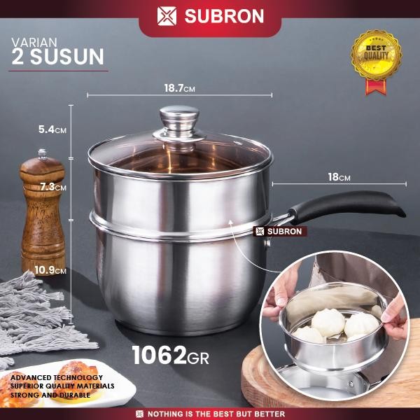 SUBRON Panci Susu 18cm 2 SUSUN Stainless TEBAL  Milk Pot tutup Kaca Kitchenware - 2 SUSUN Subron Pan