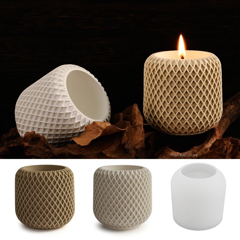 

Diamond Striped Candle Jar Silicone Mold Round Concrete Flower Pot Ceramic Storage Box Resin Pen Holder Vase Mould Home Decor