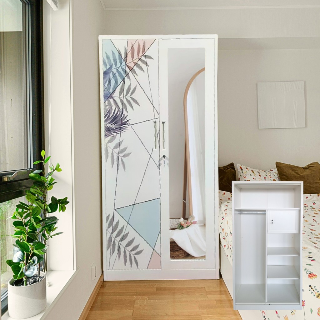 JOLEE-Lemari Pakaian Besi Lemari Pakaian Pintu ganda biasa 85cm 2 pintu 1 Hanger Cermin Minimalis