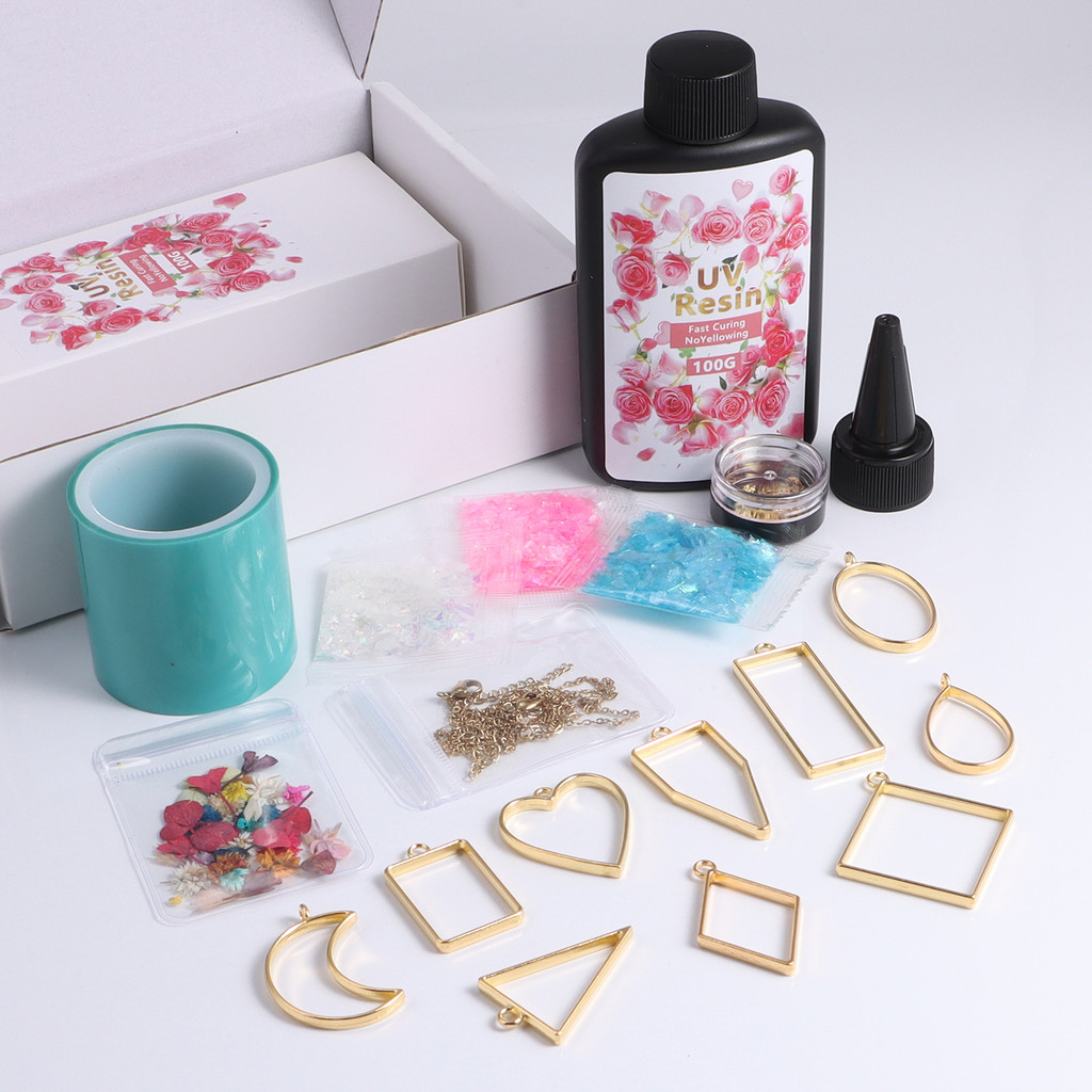 

UV Resin DIY Suit For Beginners, With Epoxy Resin Supplies Include Dried Foil Flakes Necklace Cord Metal Hollow Frame