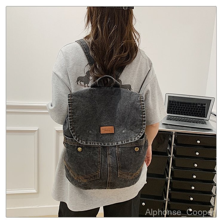 High-quality fabric solid color denim backpack with flap large capacity commuter women's bag