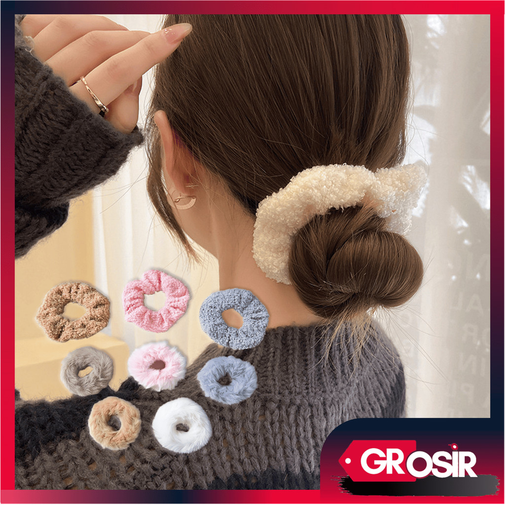 Grosir - F6656 Ikat Rambut Wanita / Ikat Rambut Bulu / Ikat Rambut Scrunchie / Set Ikan Rambut Polos