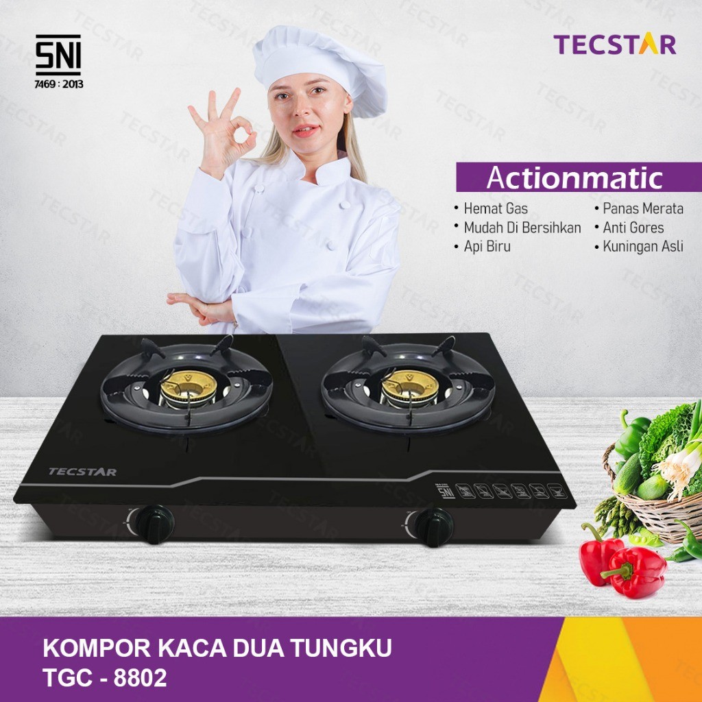 TECSTAR Kompor Gas Api Biru Kaca 2 Tungku TGC-8802 Actionmatic SNI Hemat Gas Optimax