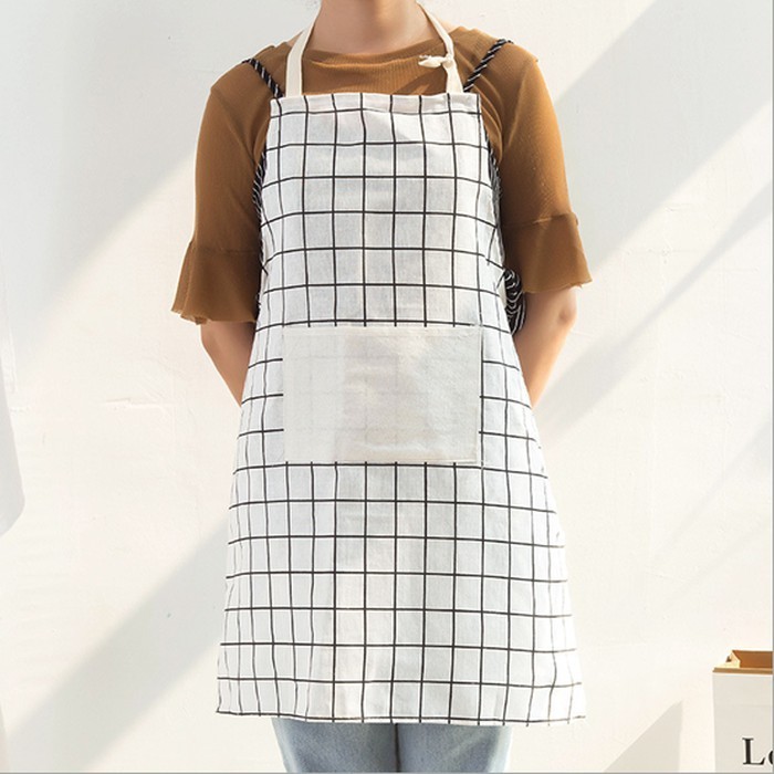 Celemek Apron Motif Kotak-Kotak Kantong depan Kain Katun dan Linen Cantik Praktis Celemek MINORD