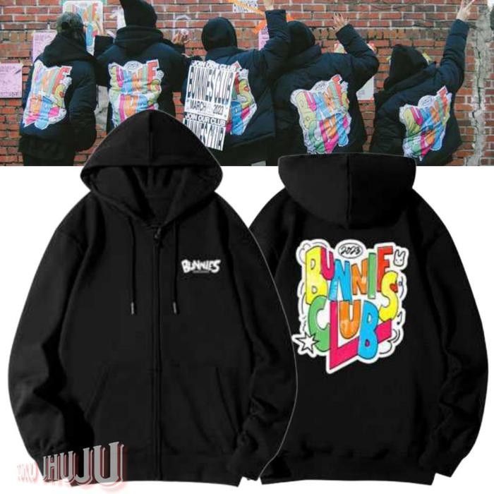 TERBARU Jaket Hoodie Minji Njean Bunnies Club Multicolor Belakang - Hitam Resleting, M
