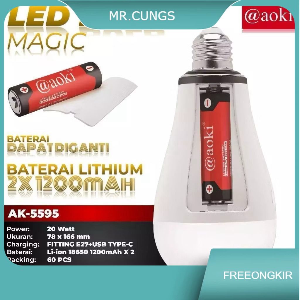 AOKI Lampu LED Bohlam Magic Emergency AD/DC 20W Fitting Baterai / Bohlam Emergency Aoki AK 5595