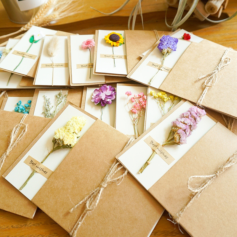 

New Year Gift Cards Dried Flower Invitations Birthday Wedding Party Greeting Best Wishes DIY Folding Card Postcards