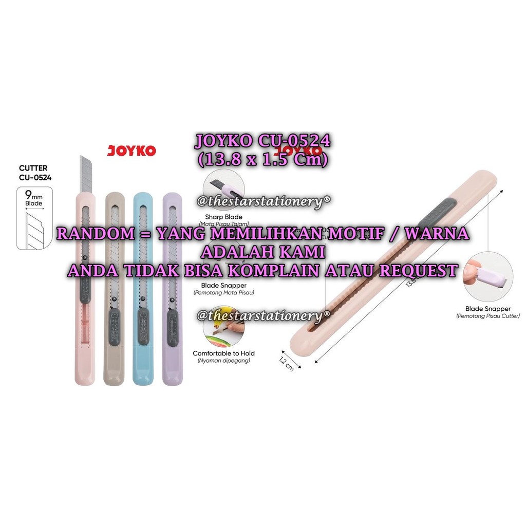 

(1 Biji) GROSIR Cutter JOYKO CU-0524 RANDOM / JOYKO Cutter Pemotong CU-0524 (1 Biji)