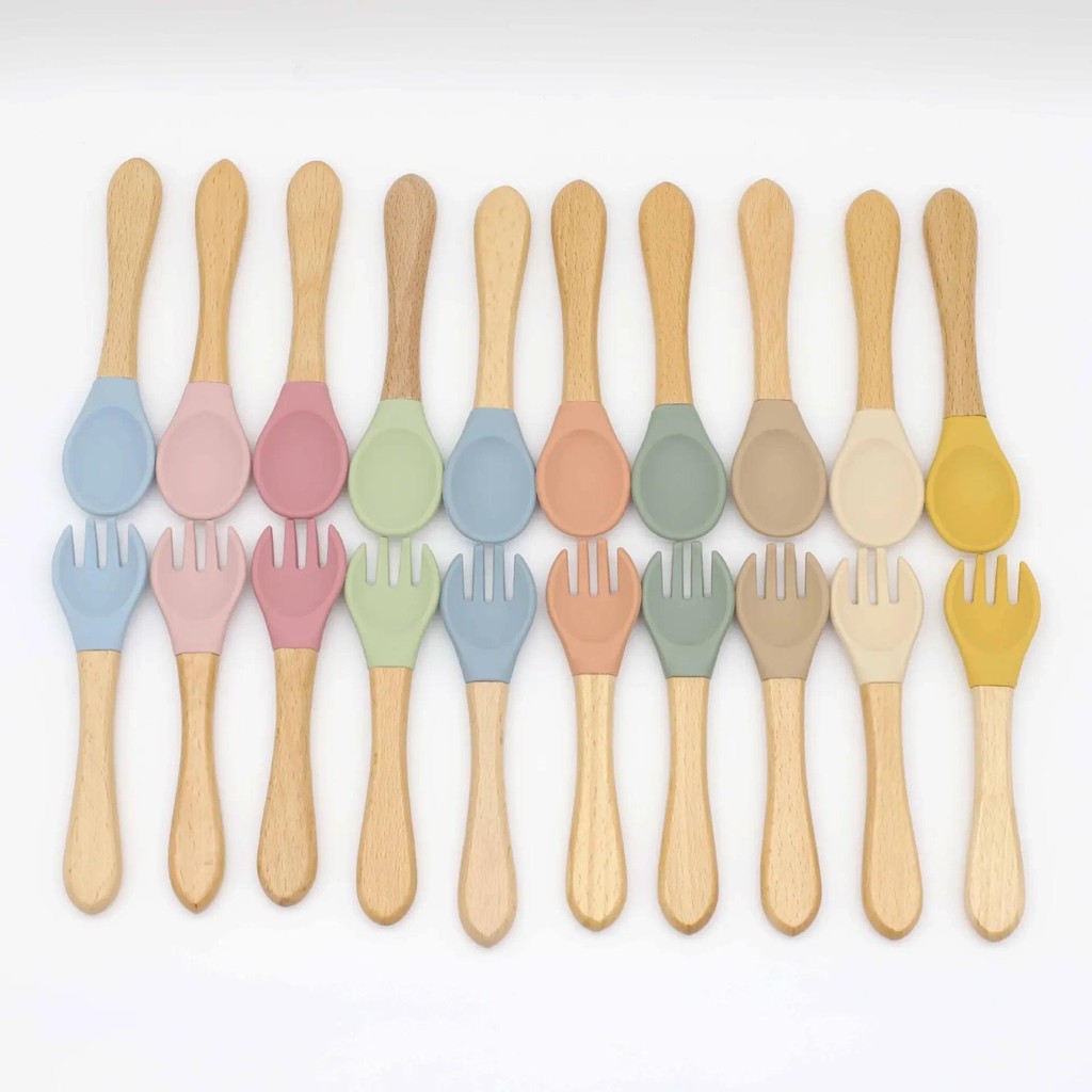 Food Grade Silicone Baby Feeding Spoon And Fork Set Training Toddler Self Feeding Meal Time Utensils