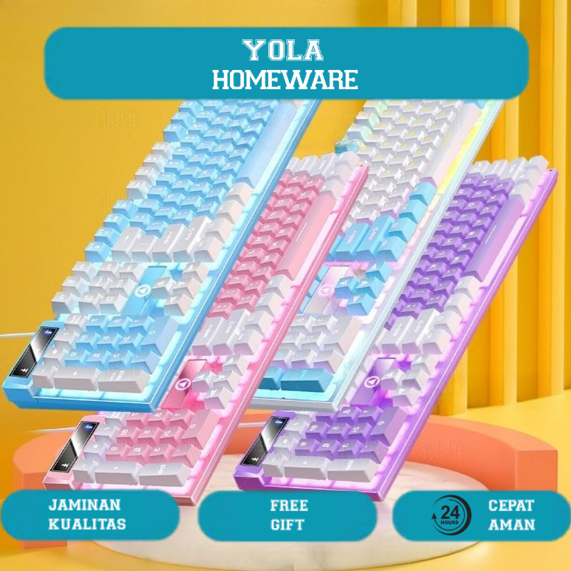 LIVETECH Gaming Keyboard Mechanical Feel Pink Ungu Girl Cute LED backlight Portable gamen Mekanikal 