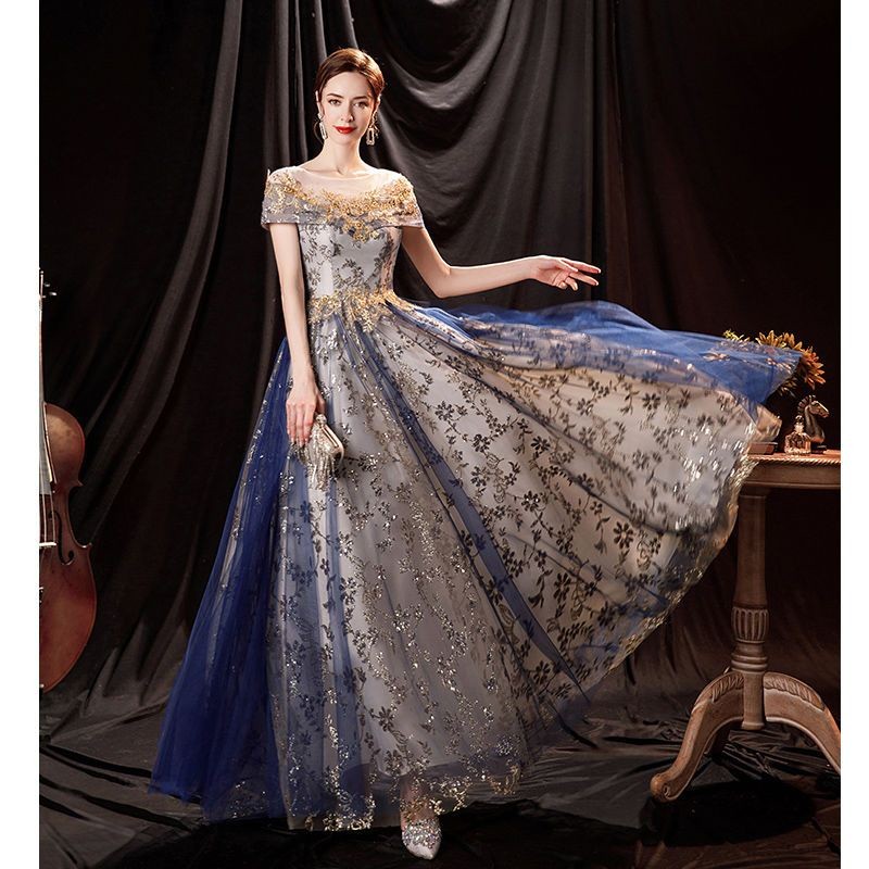 Gaun malam biru panjang gaun plus ukuran baru gaun pengantin malam gaun malam wanita