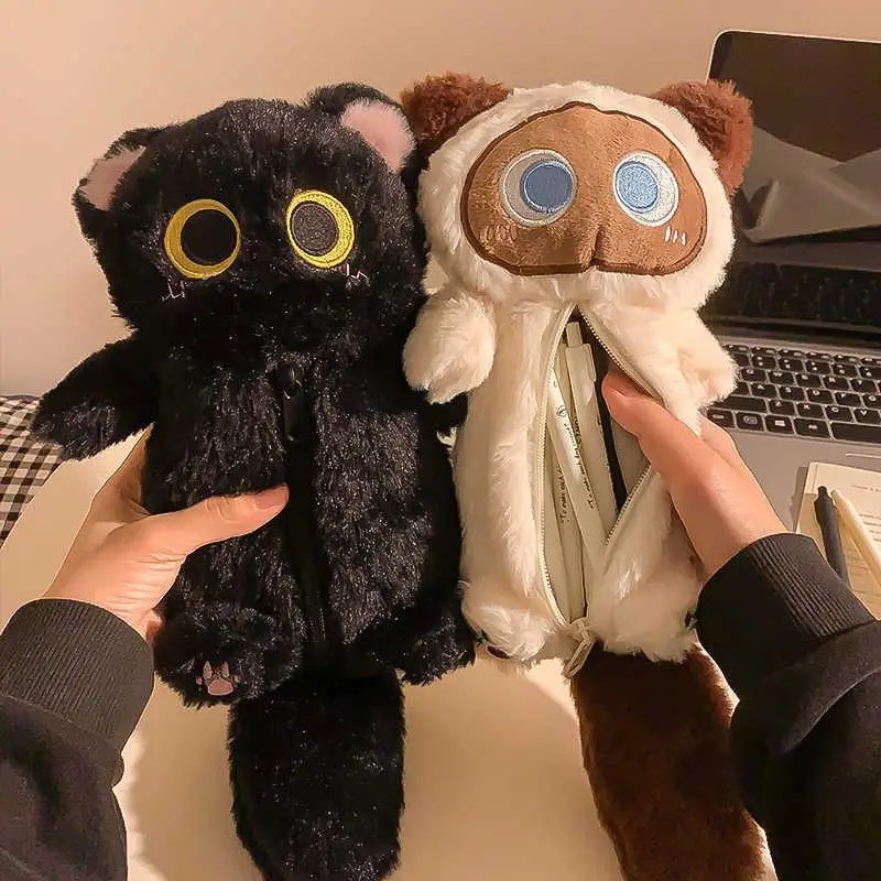 

Cartoon Plush Big-Eyed Cat Pencil Case Super Soft Fun Doll Large Capacity Pencil Bags Multi-Functional Stationery Storage Bag