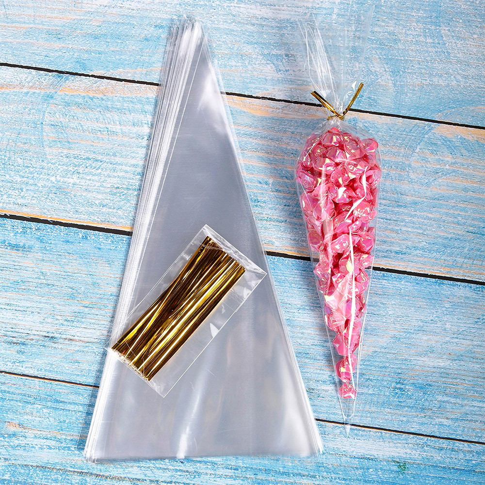 

50pcs Candy Bags Cellophane Popcorn Bags Cone Cookies Storage Bags with Gold Twist Ties Wedding Birthday Party Favors