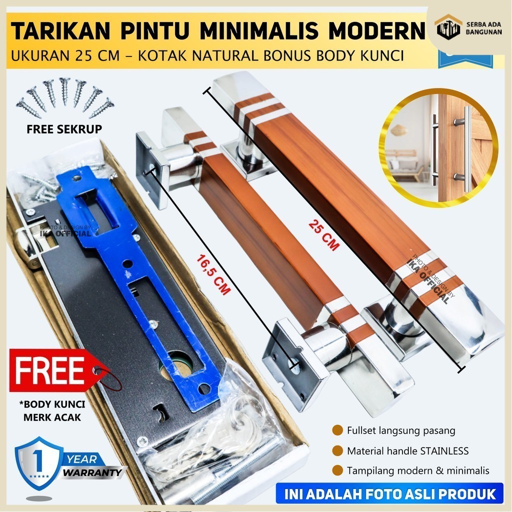 Satu Set Handle Pintu Kunci Rumah Panjang 25 cm Gagang Tarikan Pintu Pegangan Depan Warna Hitam Puti