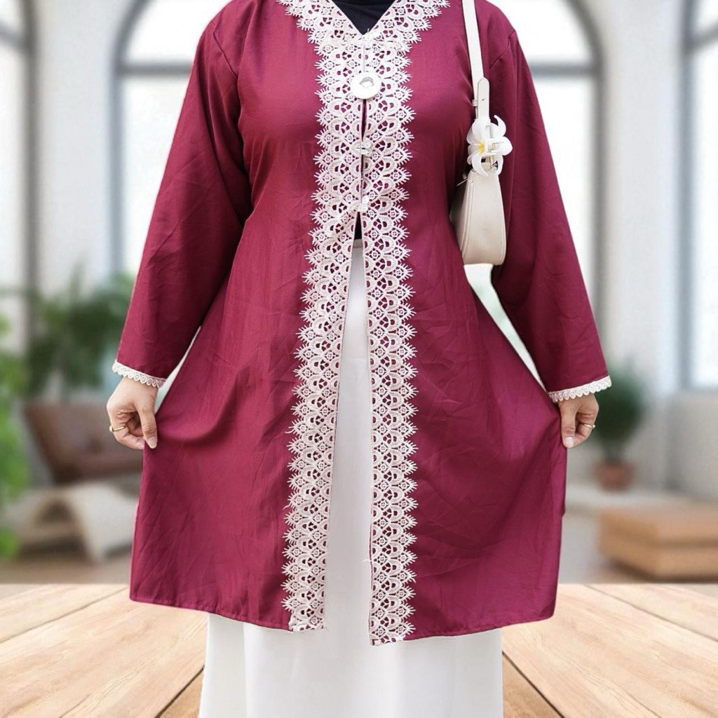 BK - ZFS TUNIK MARINA RENDA TOP LENGAN PANJANG POLOS KOMBINASI / JELITA BELLUCI TUNIK RENDA PREMIUM 