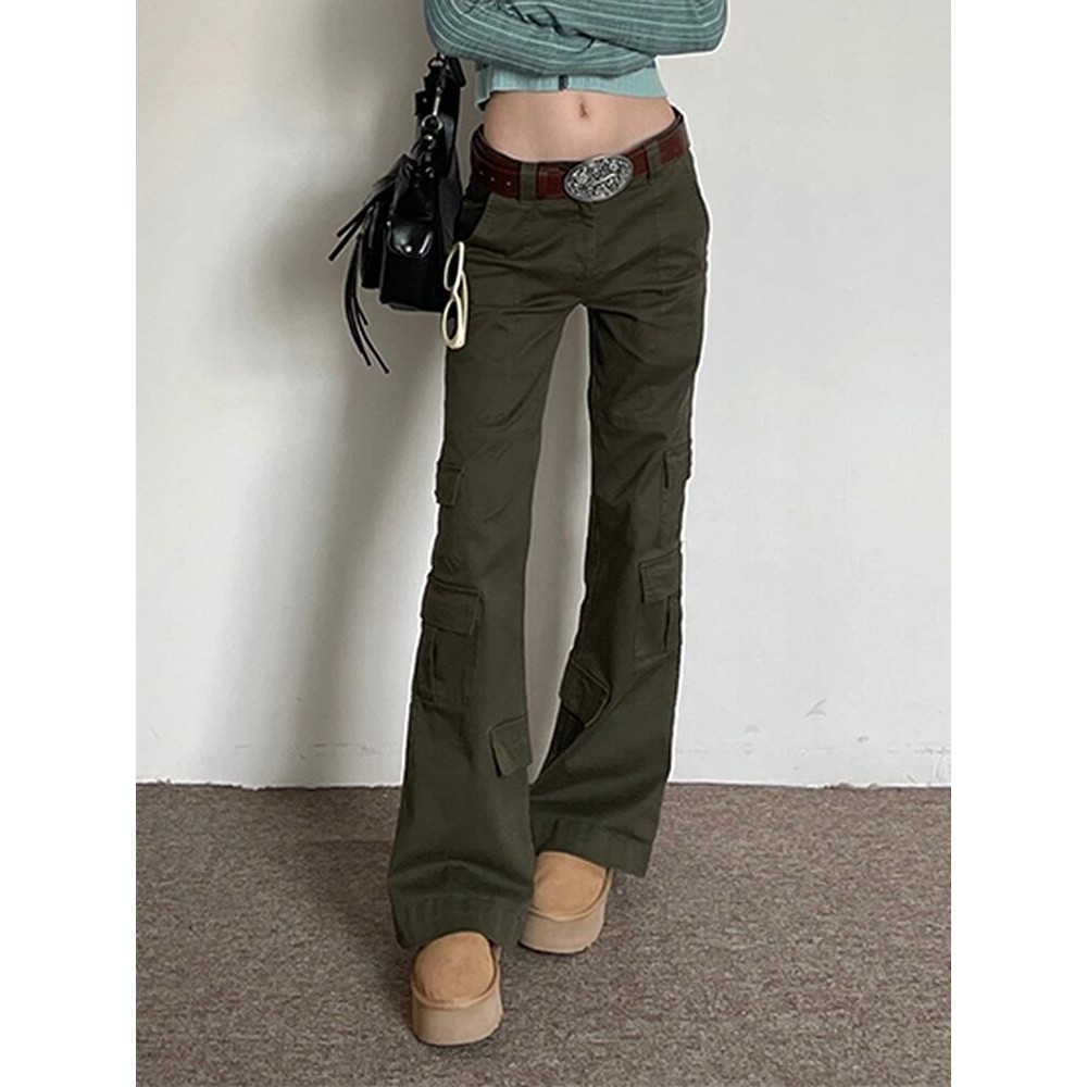 Vannesalab Celana cargo retro high street Amerika, celana flared hijau tentara, celana panjang rampi