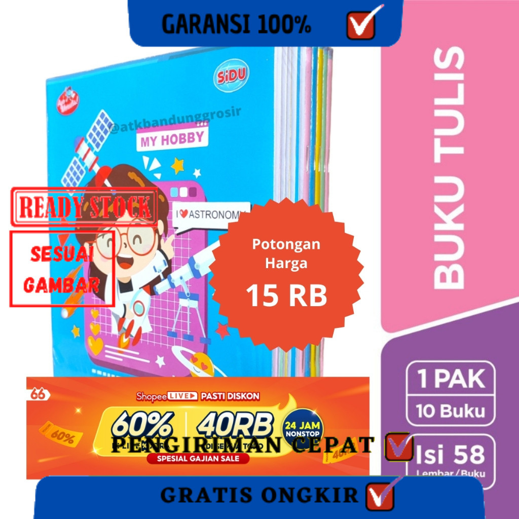 

Buku Tulis Sinar Dunia 58 Lembar ( SIDU ) Uk Quarto Random Cover - pak ( 10 pcs)TERLARIS