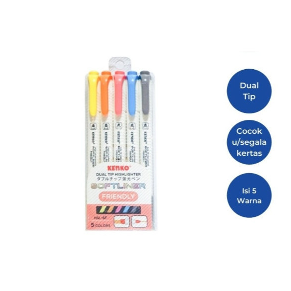 

KENKO Dual Tip Highlighter HSL-6F Softliner 5 Warna Friendly