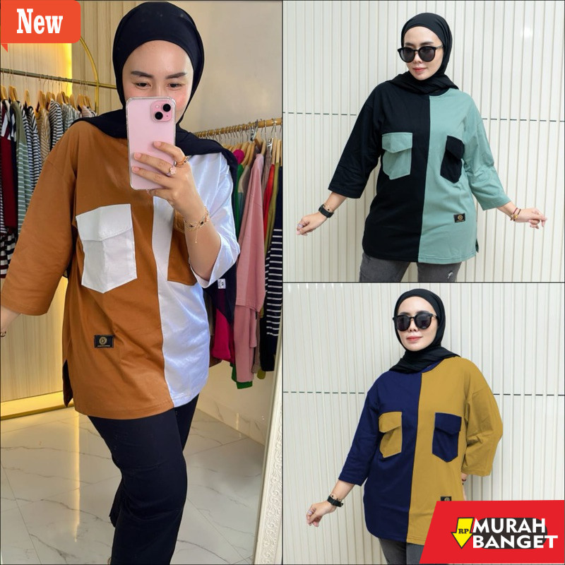Kaus muslim berkancing yg lagi viral- Oversize Kombinasi Warna Lengan 7 /8 // Kaos Oversize Wanita K