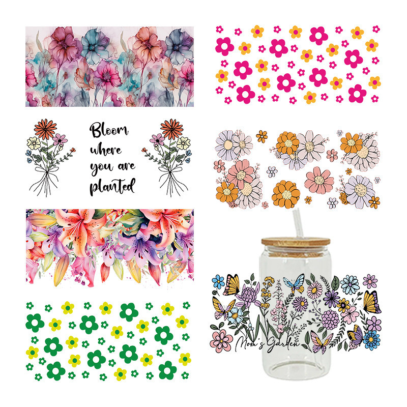 

UV DTF Transfer Sticker Flowers For The 16oz Libbey Glasses Wraps Bottles Cup Can DIY Waterproof Custom Decals D13078