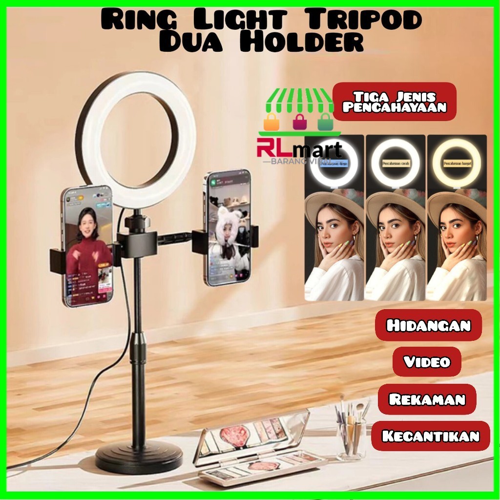 Ring Light Tripod 2 Holder Stand Handphone Ganda Live Streaming Tripod Ring Light 16cm