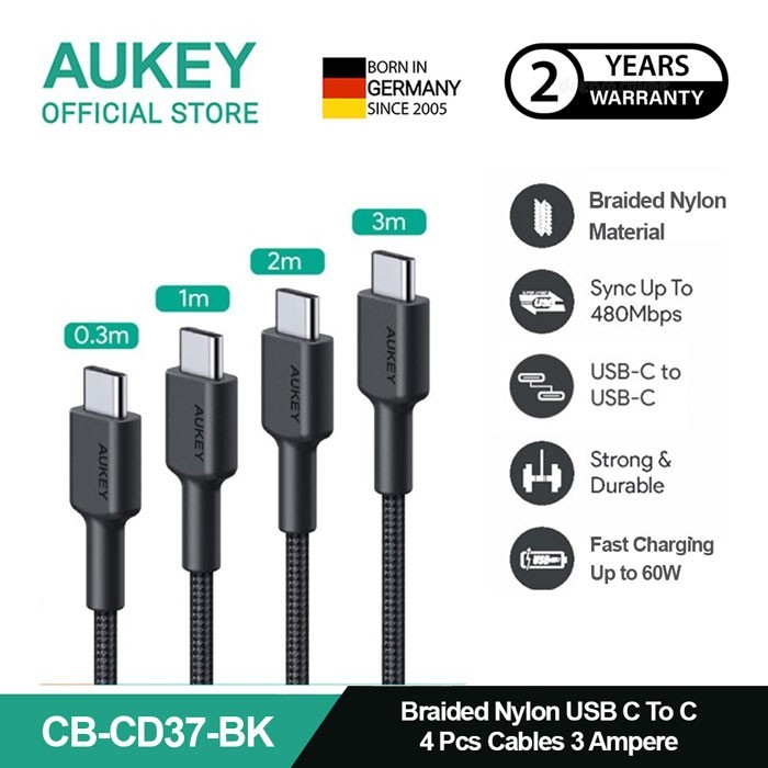 AUKEY Kabel Charger ( 4pcs ) USB-C To USB-C Braided Nylon 3A CB-CD37