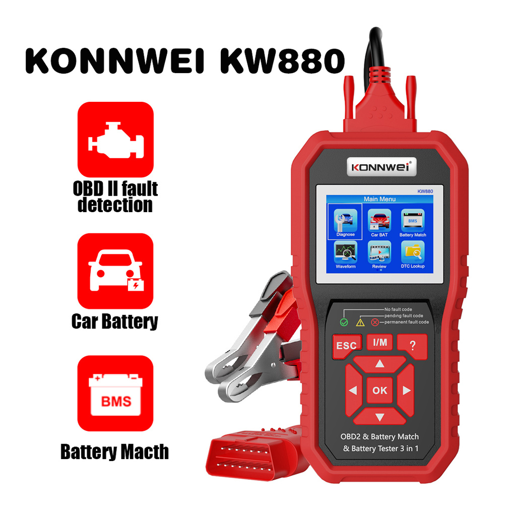 KONNWEI KW880 12V Car Battery Tester Analizer Auto Diagnostic Tool Battery Match 3 in 1 Car OBD2 Sca