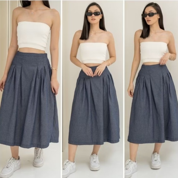 MURAH✨ - Kyle Jeans Skirt Rok Midi 7/8 Wanita Flare Skirt Lebar - denim