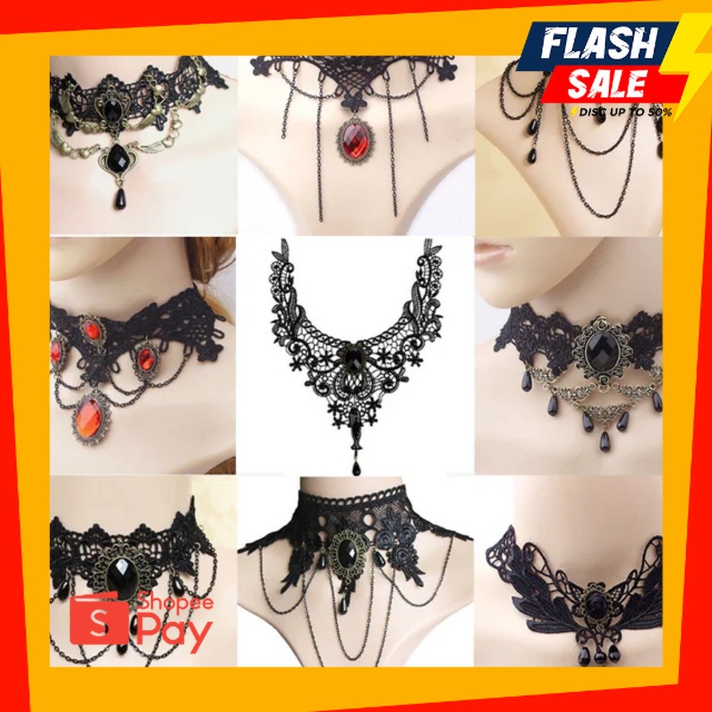 HALOWEEN 10.10 |  ( Kalung Choker ) Kalung Choker Renda Hitam Kristal Choker Victoria Steampunk Vint