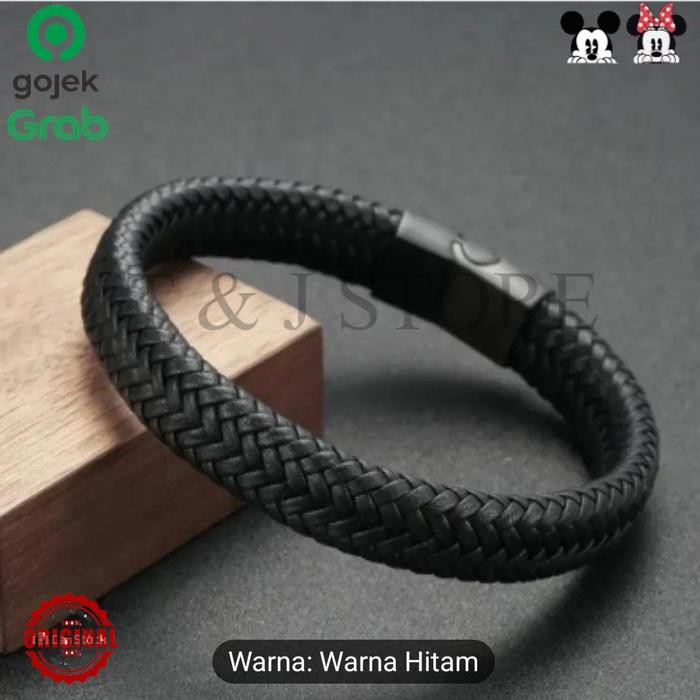 Hitam Gelang Perhiasan Pria Gelang Kulit Kepang Buatan Tangan, Gelang Hadiah Gesper Magnetik Besi OR