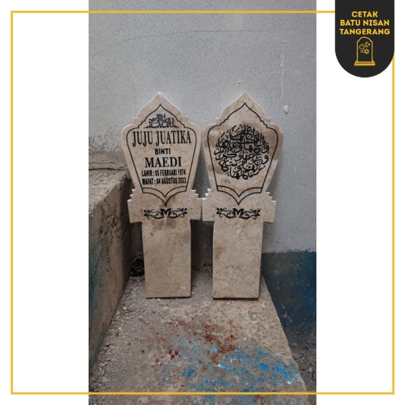 BATU NISAN TANCAP MARMER 16 × 40 cm SEPASANG (NAMA&D'OA) + FREE PACKING KAYU