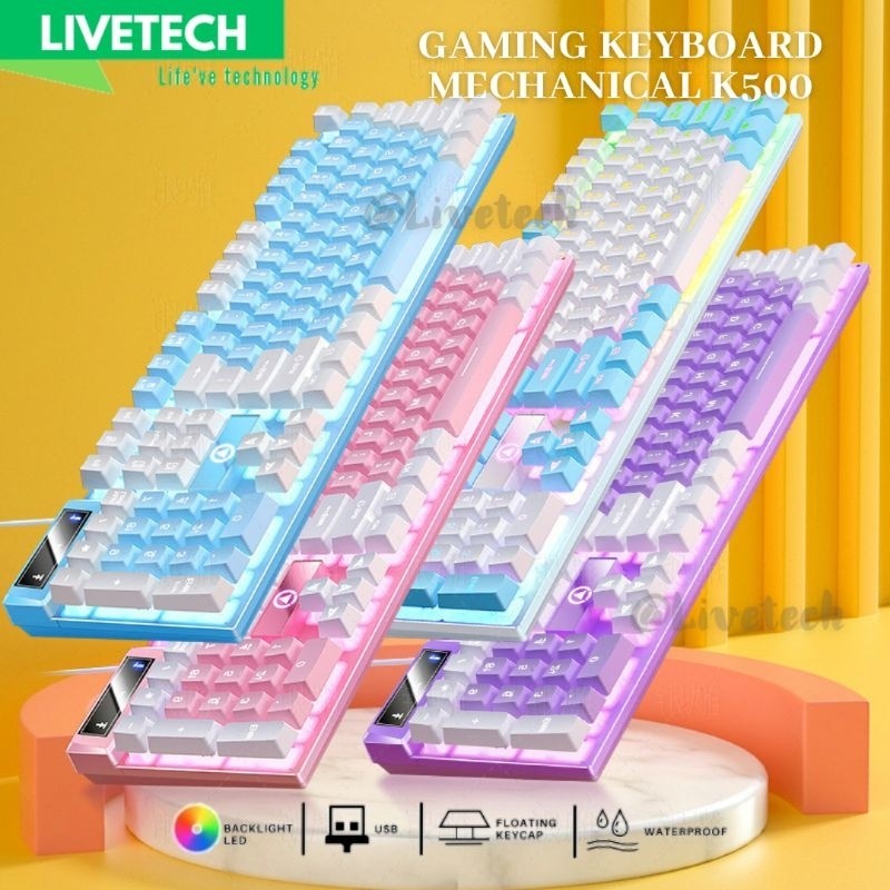LIVETECH Gaming Keyboard Mechanical Feel Pink Ungu Girl Cute LED backlight Portable gamen Mekanikal 