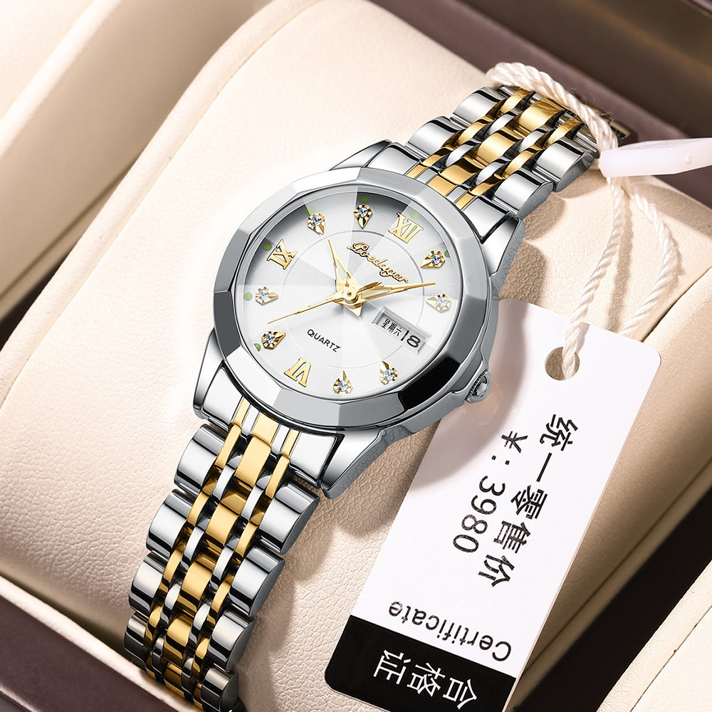 

Jam tangan wanita baru merek Swiss tahan air bercahaya dengan kalender ganda untuk