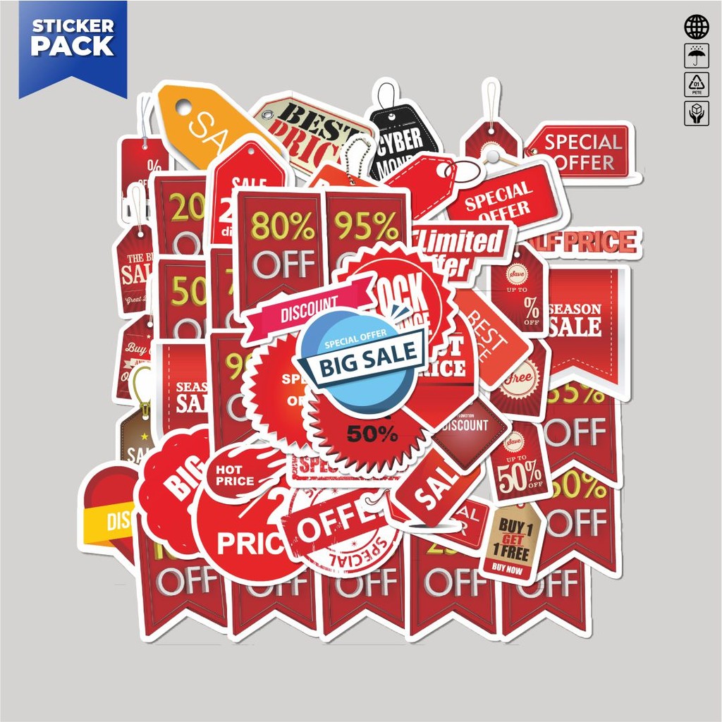

[100PCS]Stiker Pack Stiker Discount Label Aesthetic Vinyl Anti Air Dekorasi Sticker Laptop Buku Journal Koper Helm Casing HP Gitar Helm Skateboard