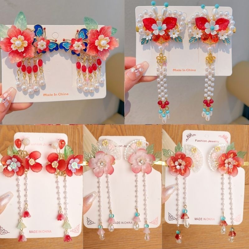 jepit rambut anak bunga 3D/jepit rambut anak hanfu bunga merah/jepit rambut anak korea/jepit rambut 