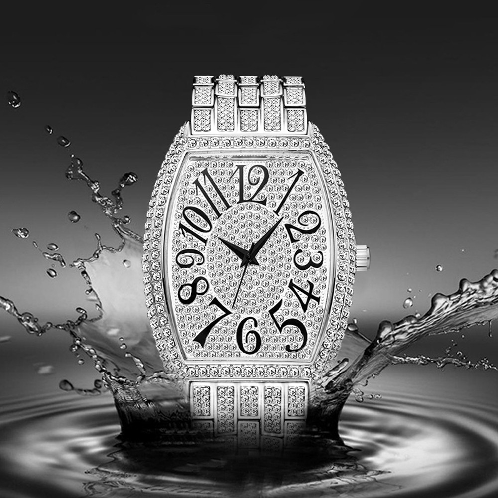 Luxury Ice Out Mens Watches Popular Tonneau Full amond Silver Geneva Male Watch Hip Hop Original Wat