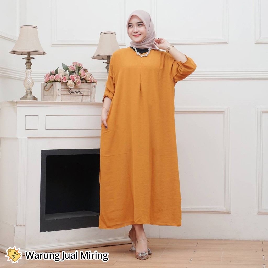 Dress Gamis Daster Tunik Crinkle Airflow Polos Busui Lengan 3/4 Baju Gamis Panjang Santai Harian Rum
