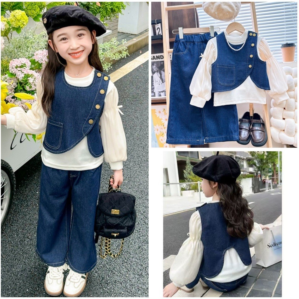 ALPI.YAH KD3 Setelan One Set 3in1 Fashion Anak Perempuan Blouse Rompi Celana Jeans Kulot