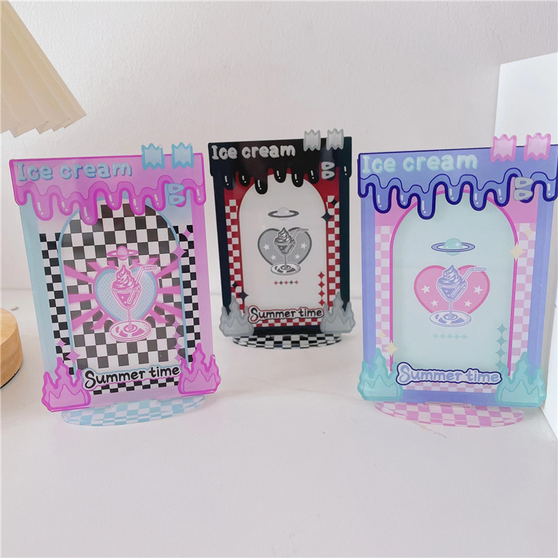 

3 Inch Acrylic Photocard Frame INS Checkerboard Photo Holder Card Display Stand Photo Protection Card Sleeve Desktop Decor