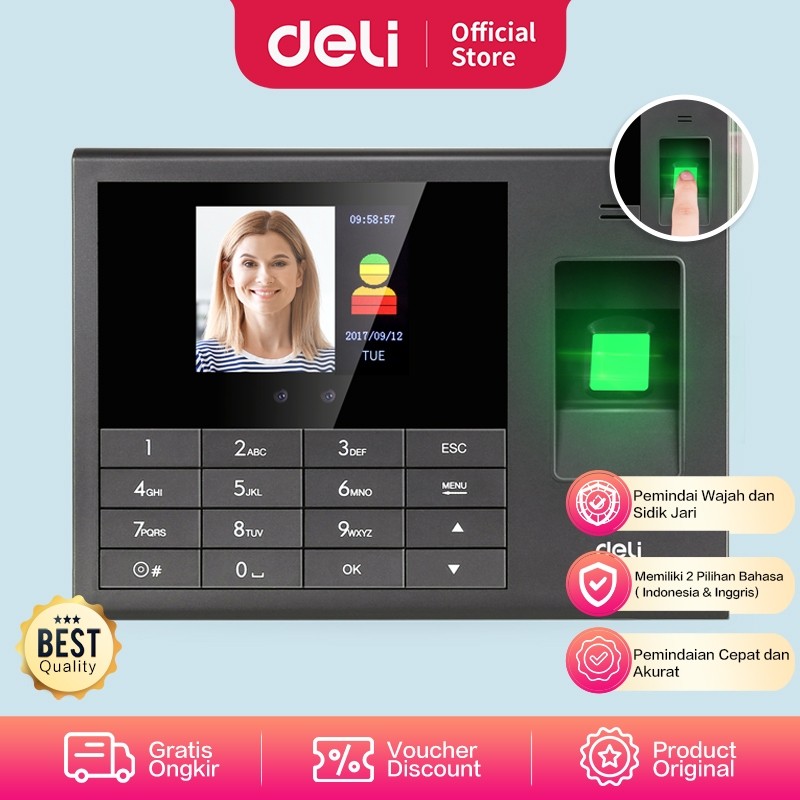 

Deli Mesin Absensi Sidik Jari + Deteksi Wajah 1000 Sidik Jari 200 Wajah Bahasa Indonesia E3765