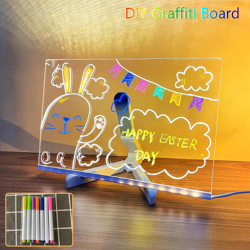 

DIY Graffit LED Note Board With Night Light Colorful 7 Pens Acrylic Message Board Children‘s Drawing Board Kids Birthday Gift