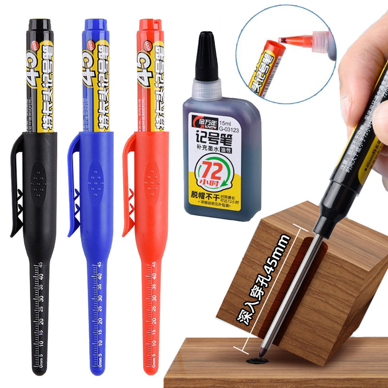 

45mm Deep Hole Long Head Marker Pens With Refill ink, Black Blue Red Ink Woodworking Punch Tile Marker Pen Can Add Ink Tool